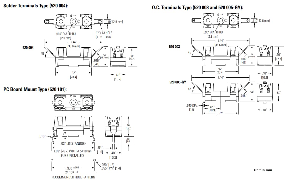 Mechanical Drawing - Littelfuse 520 Series Metric OMNI-BLOK® Fuse Blocks
